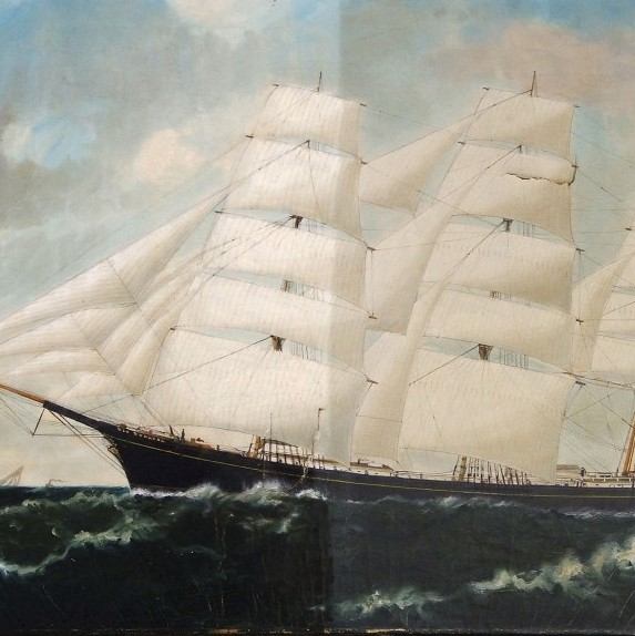 Painting of a ship with one half of the canvas clean and the other darkened by dirt and age.