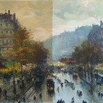 City landscape on canvas during conservation