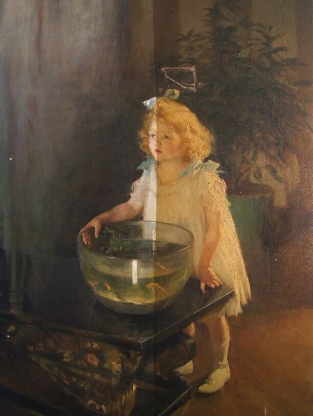 Painting of a girl holding a fishbowl with half of the canvas is clean and the other half is in its original condition.